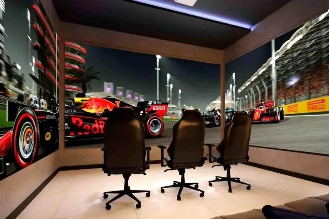 Sala de entretenimento com simulador de corrida